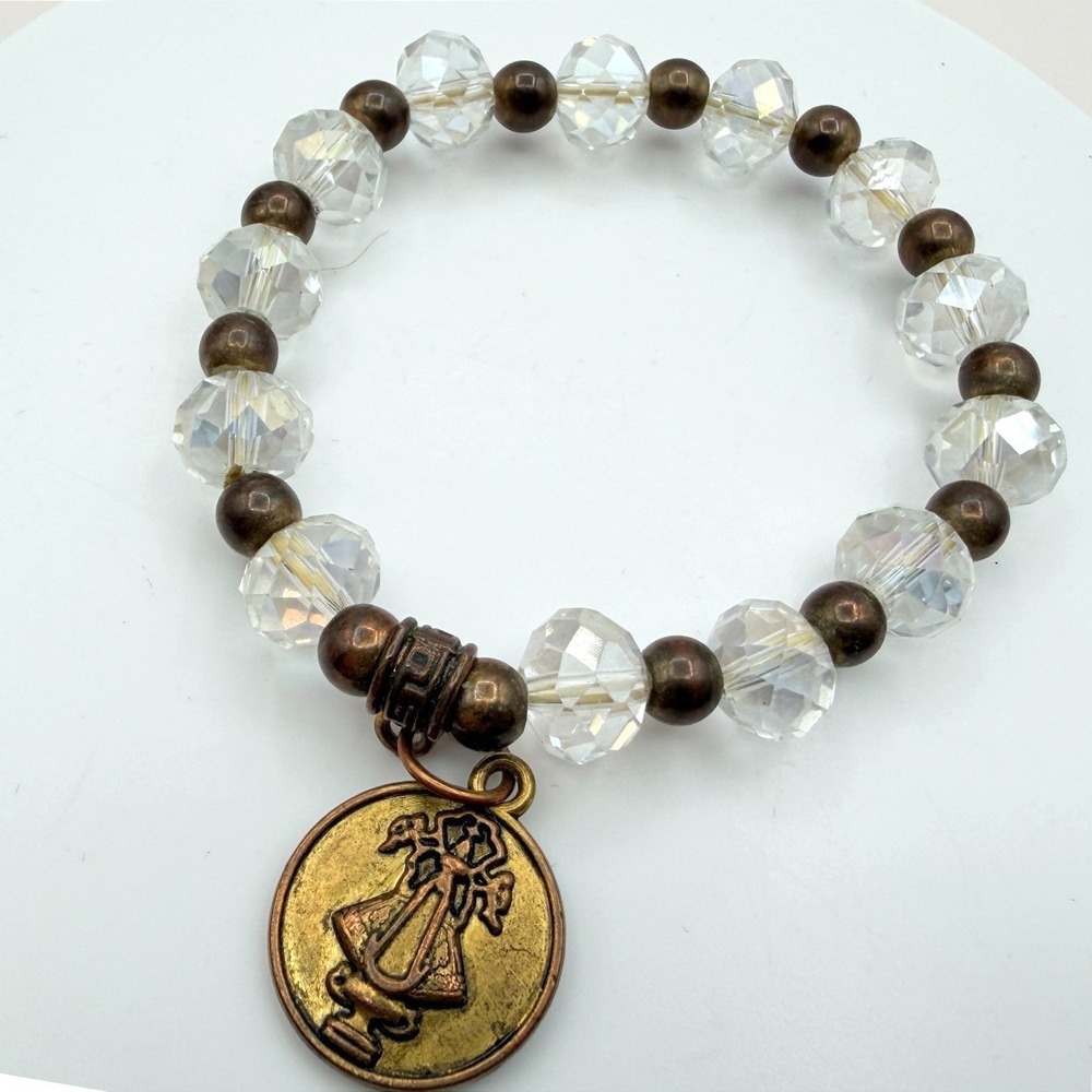 Vintage 80s Clear Beaded Stretch Bracelet Bronze Saint Medal Charm Retro Jewelry